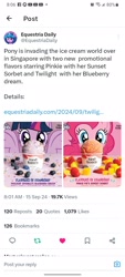 Size: 720x1600 | Tagged: safe, izzy moonbow, pinkie pie, twilight sparkle, alicorn, earth pony, pony, g4, g5, blueberry, caption, food, food art, ice cream, image macro, kind kones, kind kones (ice cream store), looking at you, meta, photo, pinkie pie's sunset sorbet, text, twilight sparkle (alicorn), twilight sparkle's blueberry dream, twitter