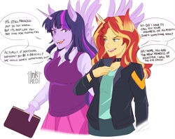 Size: 2048x1623 | Tagged: safe, artist:inkrred, sunset shimmer, twilight sparkle, human, equestria girls, g4, alicorn humanization, book, breasts, busty twilight sparkle, colored eartips, dialogue, duo, duo female, eared humanization, female, horned humanization, lesbian, ship:sunsetsparkle, shipping, signature, simple background, speech bubble, white background, winged humanization