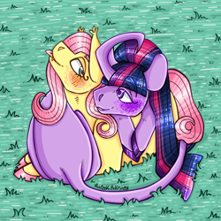 Size: 2500x2500 | Tagged: safe, artist:ruusukultakruunu, fluttershy, twilight sparkle, bat pony, pony, unicorn, g4, bat ponified, blushing, colored hooves, cuddling, curved horn, cute, female, flutterbat, grass, hooves, horn, leonine tail, lesbian, looking at each other, looking at someone, looking back, lying down, mare, ponyloaf, prone, race swap, ship:twishy, shipping, tail, tongue out, unicorn twilight