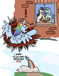 Size: 722x923 | Tagged: safe, artist:bvnnyface, bon bon, lyra heartstrings, rainbow dash, sweetie drops, earth pony, pegasus, pony, unicorn, g4, 2 panel comic, comic, dialogue, female, flying, heart, horn, implied appledash, implied lesbian, implied shipping, kiss on the lips, kissing, lesbian, mare, rainbow, ship:lyrabon, shipping, spread wings, wings