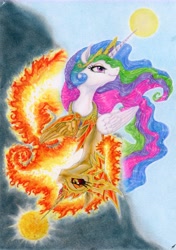 Size: 9761x13899 | Tagged: safe, artist:trancepony, daybreaker, princess celestia, alicorn, pony, g4, absurd file size, absurd resolution, bust, dark side, duality, female, fire, mare, portrait, signature, sun, traditional art, yin-yang