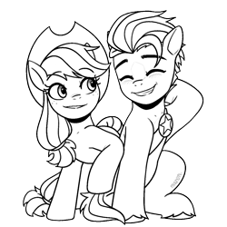 Size: 1024x1023 | Tagged: safe, artist:maren, applejack, hitch trailblazer, earth pony, pony, g5, applejack's hat, black and white, collaboration:world collide pmv, cowboy hat, duo, duo male and female, eyes closed, female, grayscale, grin, hat, hitch and his heroine, male, mare, monochrome, simple background, smiling, stallion, transparent background