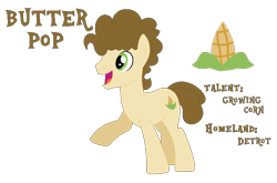 Size: 776x511 | Tagged: safe, artist:moonlightthegriffon, oc, oc only, oc:butter-pop, earth pony, pony, base used, bio in description, corn, cutie mark, food, happy, male, open mouth, open smile, raised hoof, reference sheet, simple background, smiling, solo, stallion, text, transparent background