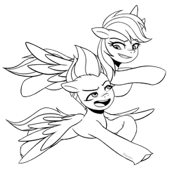 Size: 1024x1023 | Tagged: safe, artist:maren, rainbow dash, zipp storm, pony, g5, black and white, collaboration:world collide pmv, duo, duo female, female, flying, grayscale, grin, mare, monochrome, simple background, smiling, transparent background, zipp and her heroine