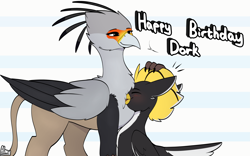 Size: 8373x5225 | Tagged: safe, artist:suchalmy, oc, oc:ping wing, oc:tsavo, griffon, hippogriff, blushing, chest fluff, gift art, griffon oc, happy birthday, hippogriff oc