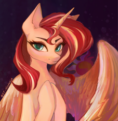 Size: 2488x2543 | Tagged: safe, artist:sunlight-twinkle, sunset shimmer, alicorn, pony, g4, abstract background, alicornified, cutie mark background, female, hooves to the chest, mare, one wing out, race swap, raised hooves, shimmercorn, signature, slender, smiling, solo, thin, three quarter view, wings