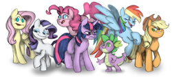 Size: 3000x1350 | Tagged: safe, artist:cloud-roots, applejack, fluttershy, pinkie pie, rainbow dash, rarity, spike, twilight sparkle, dragon, earth pony, pegasus, pony, unicorn, g4, angry, bags under eyes, eyebrows, eyebrows visible through hair, faic, female, frown, headcanon, hoof on chest, horn, lgbt headcanon, male, mane seven, mane six, mare, simple background, smiling, transgender, twilight sparkle is not amused, unamused, unicorn twilight, white background, wingless spike