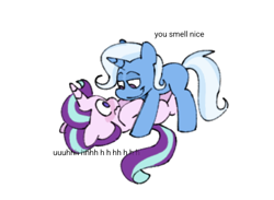 Size: 548x402 | Tagged: safe, artist:driftwoodpony, starlight glimmer, trixie, pony, unicorn, g4, blushing, duo, duo female, female, horn, lesbian, looking at each other, looking at someone, mare, no pupils, pinned, ship:startrix, shipping, simple background, smiling, wavy mouth, white background