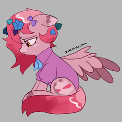 Size: 4096x4096 | Tagged: safe, artist:metaruscarlet, oc, oc only, oc:metaru scarlet, pegasus, pony, clothes, depressed, flower, flower in hair, gray background, leaves, leaves in hair, pegasus oc, sad, simple background, solo, spotted, spread wings, wings