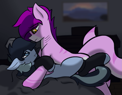 Size: 827x650 | Tagged: safe, artist:inveniris, oc, oc:compiavelli, oc:cyaera, original species, shark, shark pony, undead, vampire, vampony, bed, clothes, duo, leg warmers, lying down, lying on bed, male, on bed, snuggling