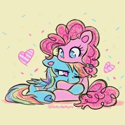 Size: 2048x2048 | Tagged: safe, artist:flutterberrypie, pinkie pie, rainbow dash, earth pony, pegasus, pony, g4, duo, duo female, female, folded wings, heart, high res, lesbian, lying down, mare, one eye closed, ship:pinkiedash, shipping, sitting, smiling, tail, underhoof, wings