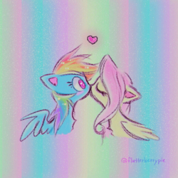 Size: 990x990 | Tagged: safe, artist:flutterberrypie, fluttershy, rainbow dash, pegasus, pony, g4, blushing, duo, duo female, eyes closed, female, heart, kissing, lesbian, mare, partially open wings, ship:flutterdash, shipping, wings