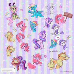 Size: 2048x2048 | Tagged: safe, artist:flutterberrypie, applejack, fluttershy, pinkie pie, rainbow dash, rarity, starlight glimmer, sunset shimmer, twilight sparkle, alicorn, earth pony, pegasus, pony, unicorn, antonymph, vylet pony, g4, applejack's hat, clothes, cowboy hat, female, fluttgirshy, gir, hat, heart, high res, horn, invader zim, lesbian, mane six, mare, one eye closed, pictogram, scarf, shared clothing, shared scarf, ship:sunsetsparkle, shipping, sitting, speech bubble, spread wings, stars, tail, wings