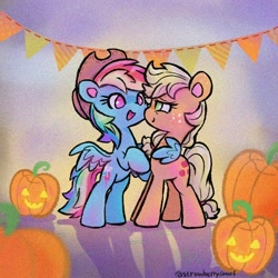 Size: 800x800 | Tagged: safe, artist:flutterberrypie, applejack, rainbow dash, earth pony, pegasus, pony, g4, accessory swap, applejack's hat, cowboy hat, duo, duo female, female, freckles, halloween, halloween 2022, hat, holiday, hug, jack-o-lantern, lesbian, mare, nightmare night, nightmare night 2022, open mouth, open smile, pumpkin, rainbow dash wearing applejack's hat, ship:appledash, shipping, smiling, smiling at someone, spread wings, tail, winghug, wings