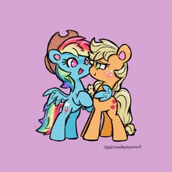 Size: 800x800 | Tagged: safe, alternate version, artist:flutterberrypie, applejack, rainbow dash, earth pony, pegasus, pony, g4, accessory swap, applejack's hat, cowboy hat, duo, duo female, female, freckles, hat, hug, lesbian, mare, open mouth, open smile, rainbow dash wearing applejack's hat, ship:appledash, shipping, simple background, smiling, smiling at someone, spread wings, tail, winghug, wings