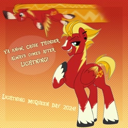 Size: 3000x3000 | Tagged: safe, artist:texacity, pegasus, pony, blaze (coat marking), cars (pixar), coat markings, colored wings, dialogue, facial markings, flying, gradient background, hoof on chest, lidded eyes, lightning mcqueen, male, not an oc, ponified, socks (coat markings), solo, stallion, unshorn fetlocks, wings