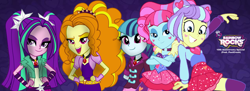 Size: 1952x711 | Tagged: safe, artist:carolina666, artist:gigarainbowdasheqg, artist:shootingstarsentry, adagio dazzle, aria blaze, kiwi lollipop, sonata dusk, supernova zap, rainbow rocks 10th anniversary, equestria girls, g4, k-lo, mashup, postcrush, su-z