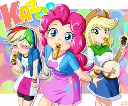 Size: 2288x1892 | Tagged: safe, artist:uotapo, color edit, edit, editor:overlord 2, applejack, pinkie pie, rainbow dash, human, equestria girls, g4, :3, abstract background, banjo, blowing, blushing, breasts, clothes, cute, dashabetes, delicious flat chest, diabetes, diapinkes, eyes closed, female, freckles, jackabetes, kazoo, light skin, light skin edit, looking at you, musical instrument, puffy cheeks, rainblow dash, rainbow flat, red face, shirt, skin color edit, skirt, sweat, trio, uotapo is trying to murder us, weapons-grade cute