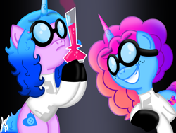 Size: 2160x1620 | Tagged: safe, artist:jesslmc16, izzy moonbow, misty brightdawn, pony, unicorn, g5, clothes, duo, duo female, female, gloves, goggles, gradient background, holding, horn, lab coat, potion, raised hoof, rebirth misty, scene interpretation, signature, sitting, smiling, the emperor's new groove, vial