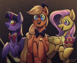 Size: 1024x832 | Tagged: safe, artist:explosivepearl, applejack, fluttershy, twilight sparkle, earth pony, pegasus, pony, robot, robot pony, unicorn, g4, bonnie (fnaf), bowtie, chica, crossover, electric guitar, female, five nights at freddy's, freddy fazbear, guitar, horn, mare, musical instrument, necktie