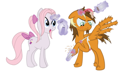 Size: 900x507 | Tagged: safe, artist:justablankflank, oc, oc only, pegasus, pony, unicorn, g4, acrylic hooves, comb, duo, duo male and female, female, hoof polish, hooficure, horn, makeover, male, measuring tape, simple background, transparent background, unamused