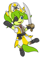 Size: 1231x1684 | Tagged: safe, artist:multiverseequine, derpibooru exclusive, oc, oc only, oc:lime sea, earth pony, pony, belt, bipedal, boots, clothes, colored, crossdressing, cutlass, dress, earth pony oc, eyepatch, femboy, full body, gloves, green mane, hat, jewelry, joy, male, necklace, open mouth, pigtails, pirate, pirate costume, pirate hat, raised hoof, redraw, shoes, simple background, skull and crossbones, smiling, solo, stallion, sword, transparent background, trap, waving, weapon