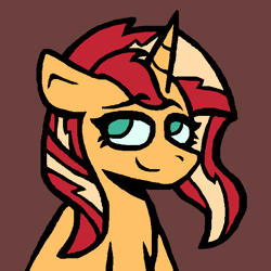 Size: 620x620 | Tagged: safe, artist:rosa ushiromiya, sunset shimmer, pony, unicorn, g4, digital art, female, horn, looking at you, mare, simple background, sitting, solo