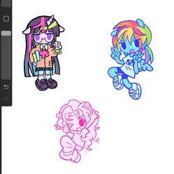 Size: 1203x1209 | Tagged: safe, artist:melpsmelps, pinkie pie, rainbow dash, sci-twi, twilight sparkle, anthro, g4, female, procreate app, sketch, trio, trio female, wip