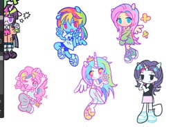 Size: 1377x1007 | Tagged: safe, artist:melpsmelps, fluttershy, pinkie pie, princess celestia, rainbow dash, rarity, twilight sparkle, alicorn, pegasus, unicorn, anthro, g4, female, group, horn, procreate app, simple background, white background, wip