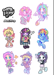 Size: 1150x1597 | Tagged: safe, artist:melpsmelps, applejack, derpy hooves, fluttershy, pinkie pie, princess celestia, rainbow dash, rarity, twilight sparkle, alicorn, earth pony, pegasus, unicorn, anthro, g4, clothes, group, horn, logo, mane six, simple background, white background