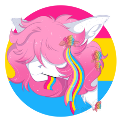 Size: 1067x1041 | Tagged: safe, anonymous artist, oc, oc:clumsy von heim, original species, pony, undead, vampire, vampony, closed species, ear fluff, flower, flower in hair, hair over eyes, mouth hold, pansexual pride flag, pride, pride flag, simple background, solo, transparent background