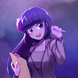 Size: 2048x2048 | Tagged: safe, artist:izuchi, twilight sparkle, human, equestria girls, g4, clipboard, clothes, cute, female, hoodie, solo, twiabetes