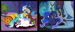 Size: 2065x889 | Tagged: safe, artist:clakse, discord, king sombra, princess celestia, princess luna, oc, oc:luminia, oc:lunar eclipse, alicorn, draconequus, hybrid, pony, unicorn, g4, alternate future, baby, baby draconequus, baby pony, base used, cousins, female, filly, foal, harsher in hindsight, horn, husband and wife, interspecies, interspecies offspring, male, mare, mother and child, mother and daughter, offspring, parent:discord, parent:king sombra, parent:princess celestia, parent:princess luna, parents:dislestia, parents:lumbra, royal sisters, ship:dislestia, ship:lumbra, shipping, siblings, sisters, stallion, straight, what if