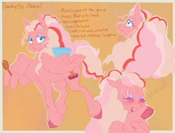 Size: 1700x1300 | Tagged: safe, artist:abbytabbys, part of a set, pinkie pie, oc, oc:peachy pie (abbytabbys), pegasus, pony, g4, alternate design, alternate hairstyle, alternate mane color, alternate name, alternate tail color, alternate universe, blonde mane, blonde tail, blue eyes, blush lines, blushing, border, bowl, brown text, colored eyebrows, colored eyelashes, colored hooves, colored pupils, curly mane, curly tail, derp, eyelashes, eyeshadow, female, female oc, floating heart, floppy ears, folded wings, hair tie, heart, hoof heart, hooves, implied minty, laughing, lidded eyes, life's an adventure au, long mane, long tail, looking back, looking up, makeup, mare, mare oc, mixing bowl, multicolored mane, multicolored tail, multiple angles, one wing out, open mouth, open smile, outline, passepartout, pegasus oc, pegasus pinkie pie, pink coat, pink hooves, ponytail, profile, purple eyelashes, purple eyeshadow, race swap, raised leg, reference sheet, smiling, solo, sparkles, spoon, tail, teal pupils, three quarter view, tied mane, triality, underhoof, unshorn fetlocks, wall of tags, wing fluff, wing hold, wings, wooden spoon