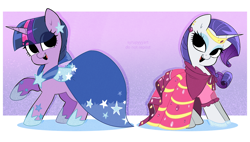 Size: 3068x1743 | Tagged: safe, artist:syrupyyy, part of a set, rarity, twilight sparkle, pony, unicorn, g4, clothes, dress, duo, duo female, ear piercing, earring, eye clipping through hair, eyeshadow, female, gala dress, hoof shoes, horn, jewelry, makeup, mare, no iris, open mouth, open smile, piercing, raised hoof, smiling, unicorn twilight