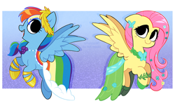 Size: 2893x1743 | Tagged: safe, artist:syrupyyy, part of a set, fluttershy, rainbow dash, pegasus, pony, g4, clothes, dress, duo, duo female, ear piercing, earring, female, flower, flower in hair, gala dress, hoof shoes, jewelry, mare, no iris, open mouth, open smile, piercing, smiling, spread wings, wings