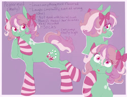 Size: 1700x1300 | Tagged: safe, artist:abbytabbys, minty, minty (g4), oc, oc:peppermint (abbytabbys), earth pony, pony, g3, alternate design, alternate hairstyle, alternate mane color, alternate name, alternate tail color, alternate universe, bangs, border, bow, clothes, coat markings, colored eyelashes, colored pupils, cute, earth pony oc, eye clipping through hair, eyebrows, eyebrows visible through hair, eyelashes, facial markings, female, female oc, fluffy mane, green coat, hair accessory, hair bow, life's an adventure au, looking at you, mane accessory, mare, mare oc, mint coat, mintybetes, multiple angles, nom, outline, passepartout, pink bow, pink eyelashes, pink eyes, pink mane, pink pupils, pink socks, pink tail, purple text, raised eyebrow, raised hoof, raised leg, reference sheet, short mane, smiling, smiling at you, socks, solo, spots, standing, standing on two hooves, striped socks, tail, tall ears, that pony sure does love socks, three quarter view, three toned mane, three toned tail, triality, wall of tags