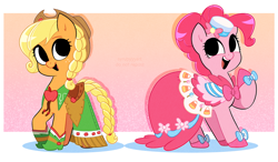 Size: 2979x1743 | Tagged: safe, artist:syrupyyy, part of a set, applejack, pinkie pie, earth pony, pony, g4, alternate hairstyle, applejack's hat, boots, braid, braided tail, clothes, cowboy boots, cowboy hat, cute, diapinkes, dress, duo, duo female, female, freckles, gala dress, hat, hoof shoes, jackabetes, mare, no iris, open mouth, open smile, raised hoof, shoes, smiling, tail