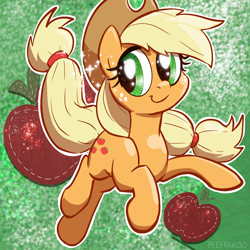 Size: 2048x2048 | Tagged: safe, artist:pfeffaroo, part of a set, applejack, earth pony, pony, g4, apple, applejack's hat, cowboy hat, cute, cutie mark background, female, food, freckles, glitter, hat, high res, jackabetes, jumping, looking sideways, mare, outline, smiling, solo, sparkles, tail, three quarter view, white outline