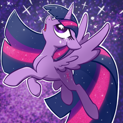 Size: 2048x2048 | Tagged: safe, artist:pfeffaroo, part of a set, twilight sparkle, alicorn, pony, g4, abstract background, concave belly, cute, female, floppy ears, flying, glitter, high res, horn, long mane, long tail, looking up, mare, open mouth, outline, profile, solo, sparkles, spread wings, tail, twiabetes, twilight sparkle (alicorn), white outline, wings