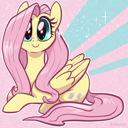 Size: 2048x2048 | Tagged: safe, artist:pfeffaroo, part of a set, fluttershy, pegasus, pony, g4, abstract background, cute, female, folded wings, front view, full face view, glitter, high res, looking at you, lying down, mare, outline, prone, shyabetes, smiling, smiling at you, solo, sparkles, tail, white outline, wings