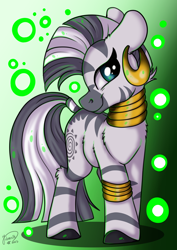 Size: 2894x4093 | Tagged: safe, artist:julunis14, zecora, zebra, g4, cute, ear piercing, earring, female, floppy ears, gradient background, green background, high res, jewelry, looking at you, magic, mare, neck rings, orb, piercing, signature, smiling, smiling at you, solo, tail, zecorable