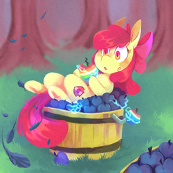 Size: 3000x3000 | Tagged: safe, artist:urbanqhoul, apple bloom, earth pony, pony, g4, :o, apple, apple bloom's bow, bow, bucket, chest fluff, electricity, female, filly, foal, food, hair bow, high res, hoof hold, looking at something, lying down, on back, open mouth, outdoors, solo, tail, the cmc's cutie marks, zap apple