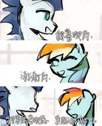 Size: 720x886 | Tagged: safe, artist:yixiaobua, rainbow dash, soarin', pegasus, pony, g4, blue coat, blue mane, chinese, comic, eyes closed, female, green eyes, male, mare, smiling, stallion, talking, text