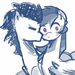 Size: 2500x2500 | Tagged: safe, artist:yixiaobua, rainbow dash, soarin', pegasus, pony, g4, cheek kiss, duo, duo male and female, eyes closed, female, kissing, limited palette, male, mare, ship:soarindash, shipping, stallion, straight