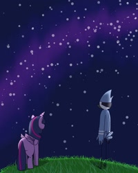 Size: 1080x1352 | Tagged: safe, twilight sparkle, alicorn, bird, blue jay, pony, g4, 2021, crossover, crossover shipping, duo, duo male and female, facing away, female, galaxy, grass, male, missing cutie mark, mordecai, mordetwi, night, night sky, outdoors, regular show, shipping, sky, straight, tail, tail feathers, twilight sparkle (alicorn)