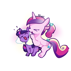 Size: 2048x2048 | Tagged: safe, artist:izuchi, princess cadance, twilight sparkle, alicorn, pony, unicorn, g4, cute, cutedance, duo, duo female, eyes closed, female, filly, filly twilight sparkle, foal, high res, horn, signature, simple background, teen princess cadance, twiabetes, unicorn twilight, white background, younger