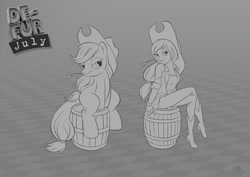 Size: 2631x1860 | Tagged: safe, artist:cartoon gurra, applejack, earth pony, human, pony, g4, barrel, boots, cowboy boots, crossed legs, female, grayscale, high res, human ponidox, humanized, lidded eyes, looking at you, mare, monochrome, self paradox, self ponidox, shoes, sitting, smiling, smiling at you, straw in mouth