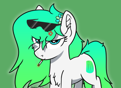 Size: 1527x1110 | Tagged: safe, artist:harmonicglow, oc, oc only, oc:gumdrop, annoyed, chest fluff, cigarette, ear fluff, eye clipping through hair, female, flower, flower in hair, glasses, mare, smoking, solo