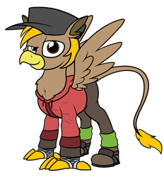 Size: 1542x1665 | Tagged: safe, artist:moonatik edits, oc, oc only, oc:pad, griffon, 2020 community collab, derpibooru community collaboration, boots, clothes, commission, griffon oc, hat, hoodie, scout (tf2), shoes, simple background, socks, solo, team fortress 2, transparent background, wings